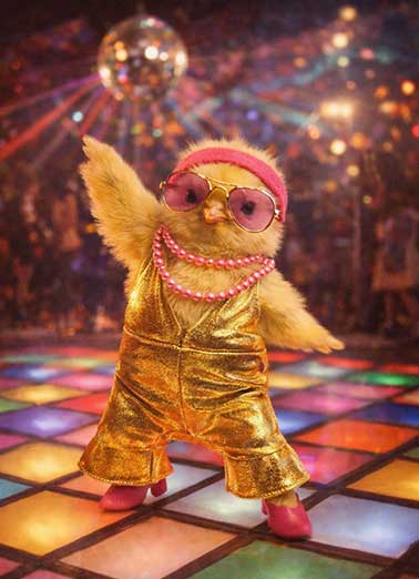 Groovy Chick Funny Birthday Card  Send someone a personalized greeting card just in time for their birthday! | groovy chick birthday card funny chicken baby animal disco dancing mirrorball   And still one groovy chick!